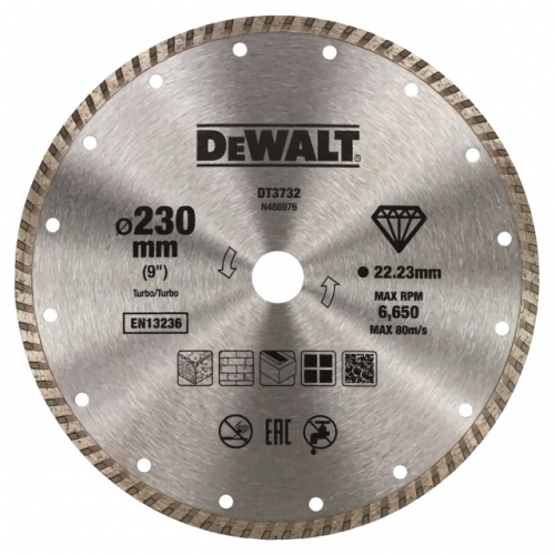 Диск алмазный отрезной Turbo (230х22.2 мм) для УШМ DeWALT DT 3732